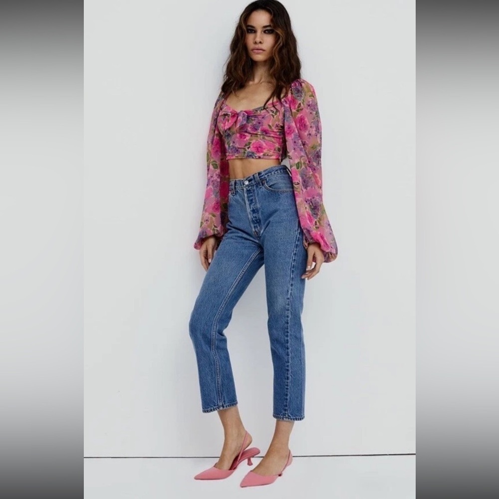 NWT For Love & Lemons Trisha Tie Front Printed Pink Crop Top XS